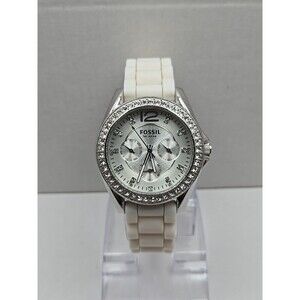 Fossil Riley Womens 40mm Watch White Silicone Glitz Bezel Quartz New Battery WR